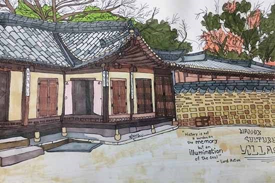 Hanok Cultural Village, painting by Alveena 