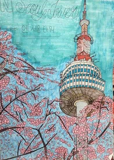 N Seoul Tower, painting by Alveena 