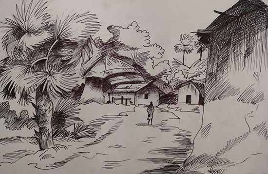 Painting  by Purabi Baral - Village scenery