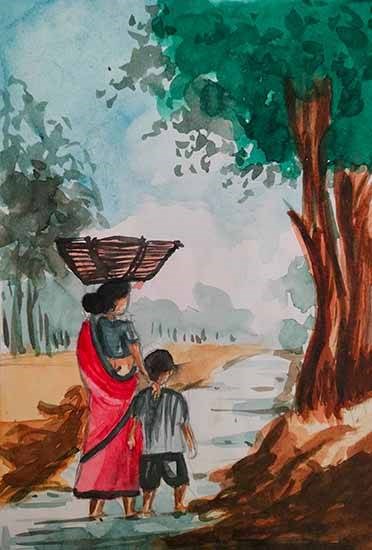 Village scene, painting by Purabi Baral