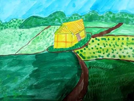 A Field with small hut, painting by Yazhisai R
