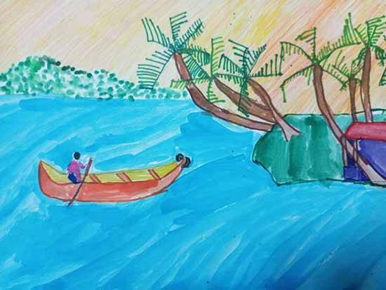 Kerala village lifestyle, painting by Yazhisai R
