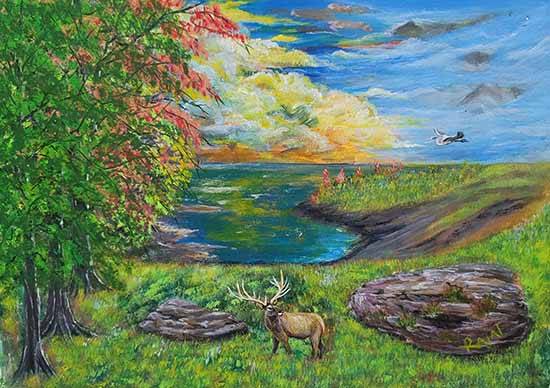 painting by Rajat Kumar Das - Elk & Rock