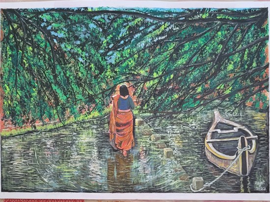 Woman in woods, painting by Rajat Kumar Das