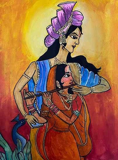 Radha Krishna with peacock, painting by Kashish Desai