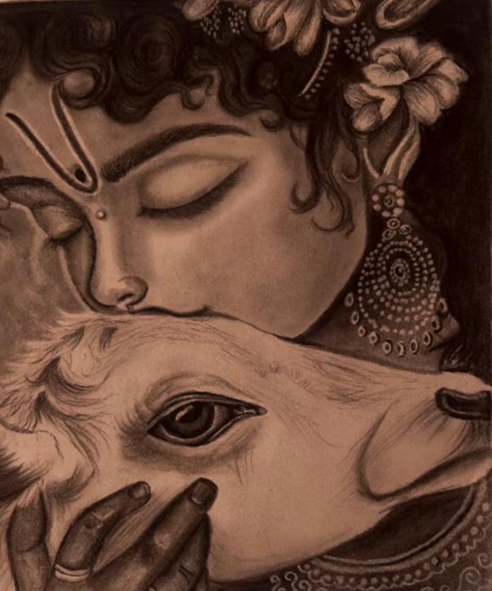 Kanha with his beloved cow, painting by Kashish Desai