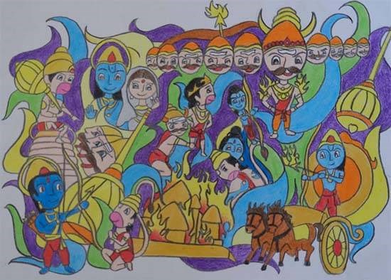 The triumph of good over evil, painting by Devashree Kashyap