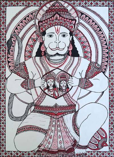 Painting  by Dhanshri Kabra - Shri Hanuman tore his Chest Open