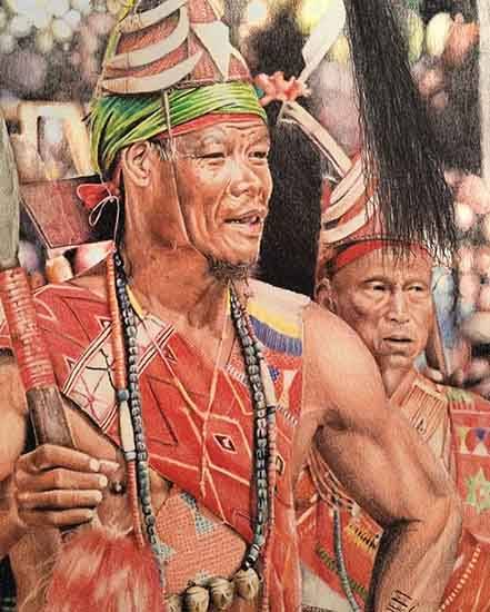Painting  by Ajem Toham - Harmony Amidst Hardship: Wancho Elders Dancing in Orah Festival Bliss