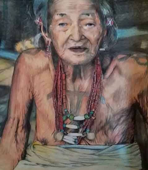 Painting  by Ajem Toham - Jewels of Wisdom: Embracing Tradition with the Wancho Grandmother