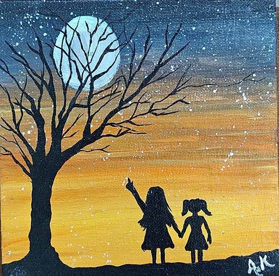 SISTERS UNDER THE MOON, painting by Akanksha kumar