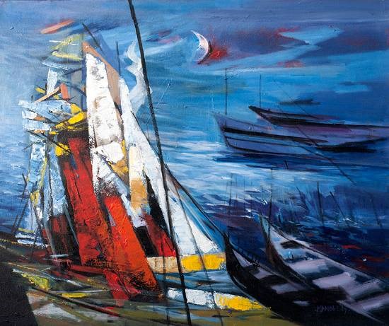 Achored ship in moonlight, painting by Bhalchandra Mandke