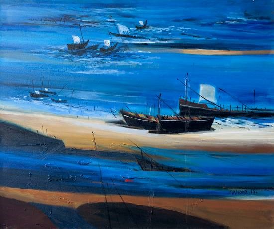 Boats by the beach, painting by Bhalchandra Mandke