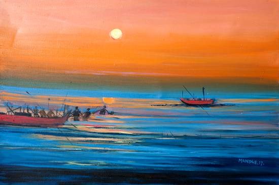 Sunset at beach, painting by Bhalchandra Mandke