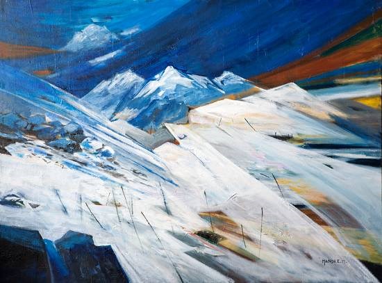 Snow clad mountain slopes, painting by Bhalchandra Mandke