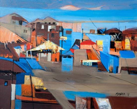 Adivasi village, painting by Bhalchandra Mandke