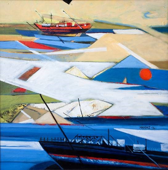 Boar, sea, fish and land, painting by Bhalchandra Mandke