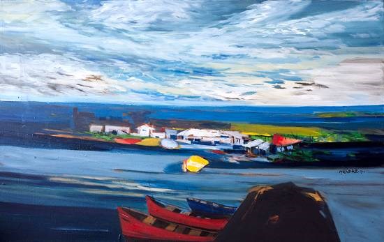 Settlement by the river, painting by Bhalchandra Mandke