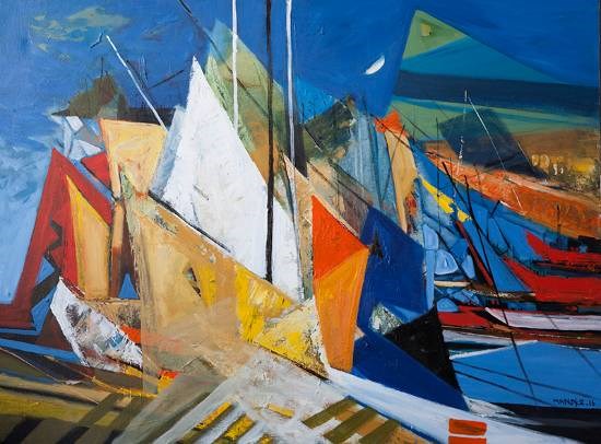 Colourful sails, painting by Bhalchandra Mandke