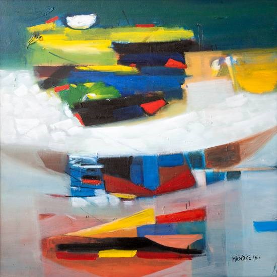 Colourful earth and moon, painting by Bhalchandra Mandke