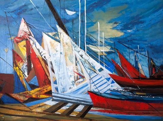 Colourful sails at night, painting by Bhalchandra Mandke