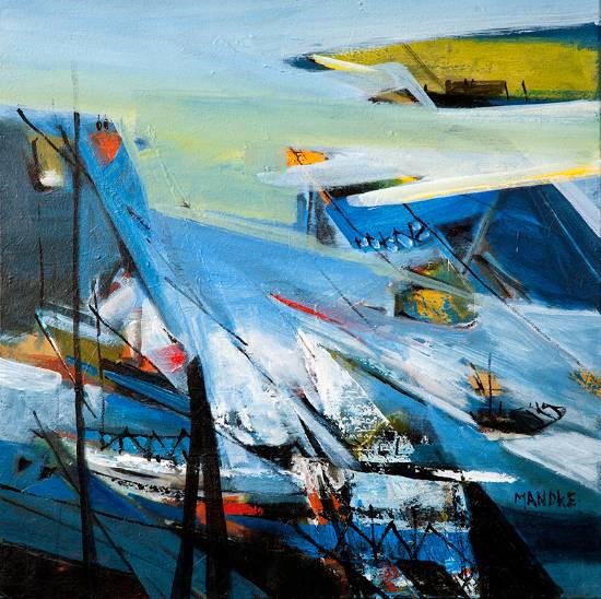 Ship in a harbour, painting by Bhalchandra Mandke