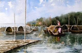 Rafts, painting by Jitendra Sule