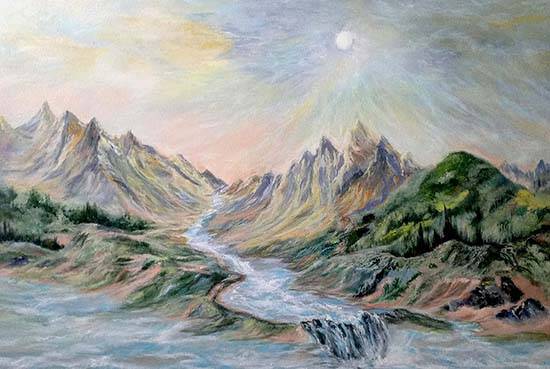 painting by Sanjana Lakhwani - Mountain range early spring