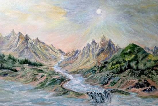 Mountain range early spring, painting by Sanjana Lakhwani
