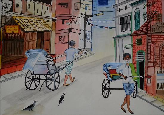 
The Rickshaw pullers and The Kolkata by lanes, painting by Piyali Mitra