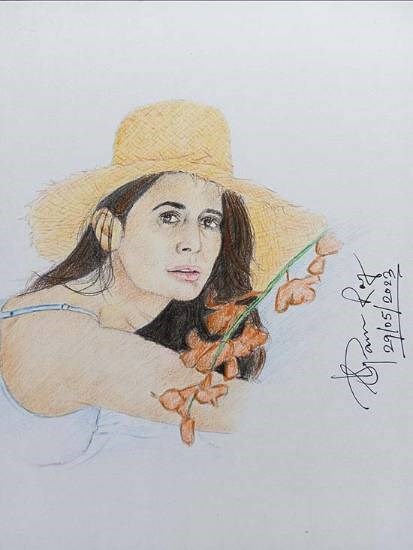 Lady wearing hat, painting by Supam Roy