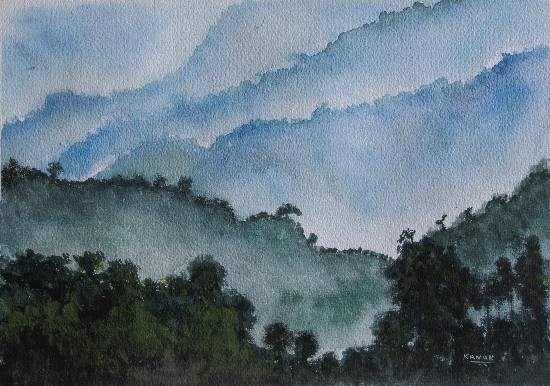 Misty mountains, painting by Dr Kanak Sharma
