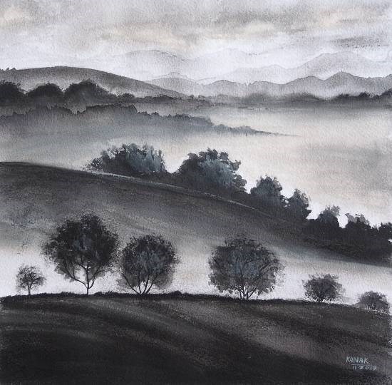 Cascading tree lines, painting by Dr Kanak Sharma