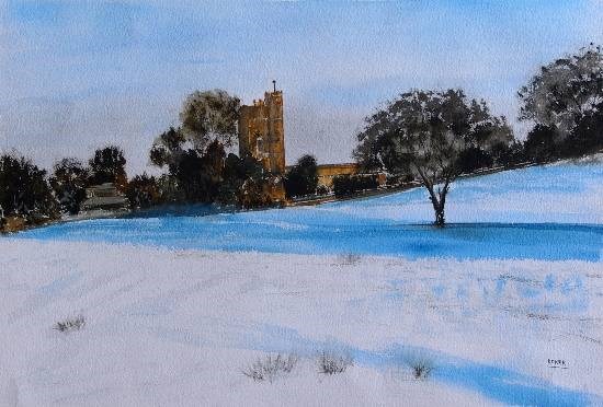 Castle in snow, painting by Dr Kanak Sharma