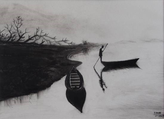 Boats by shore, painting by Dr Kanak Sharma