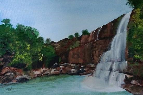 Rocky water fall, painting by Dr Kanak Sharma