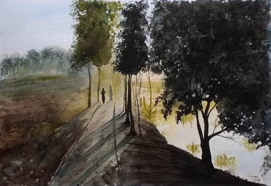 Trees on bunds, painting by Dr Kanak Sharma