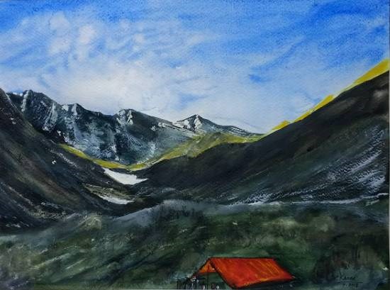 Solitude in Himalayas, painting by Dr Kanak Sharma