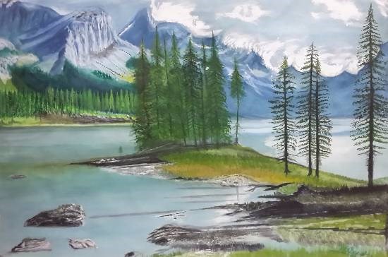 Maligne Lake Jasper National Park, Canada, painting by Bhalchandra Bapat