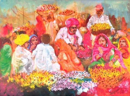 The flower sellers, painting by Debjani Datta