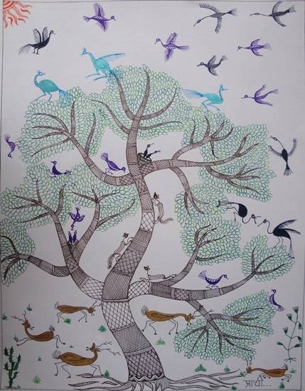 The Tree with Birds, painting by Prachi Gorwadkar