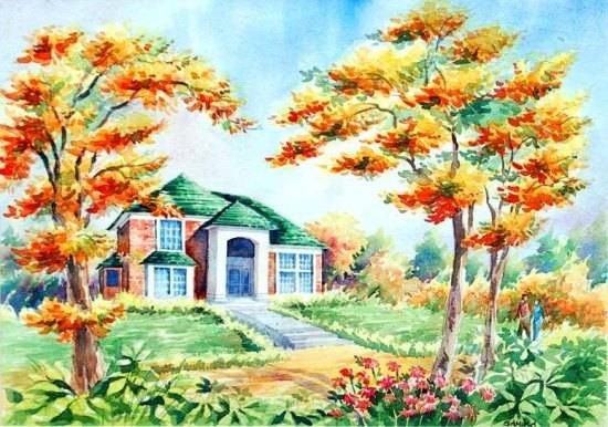 Green Roof house, painting by Sanika Dhanorkar