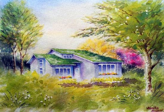The Green Roof, painting by Sanika Dhanorkar