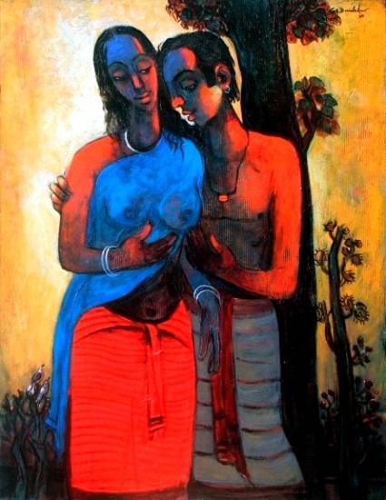 Couple behind tree, painting by G A Dandekar