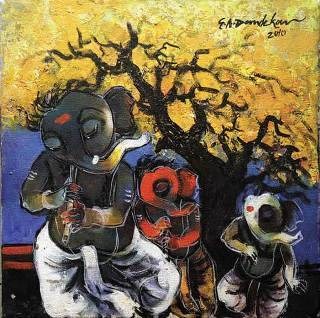Ganesha with Flute, painting by G A Dandekar