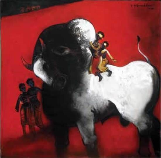 Playing with Bull, painting by G A Dandekar