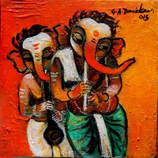 Ganesha playing flute, painting by G A Dandekar