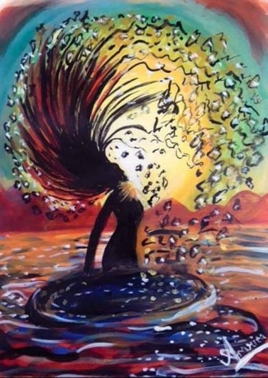 Hair flipping girl at the beach, painting by Amrita Kaur Khalsa