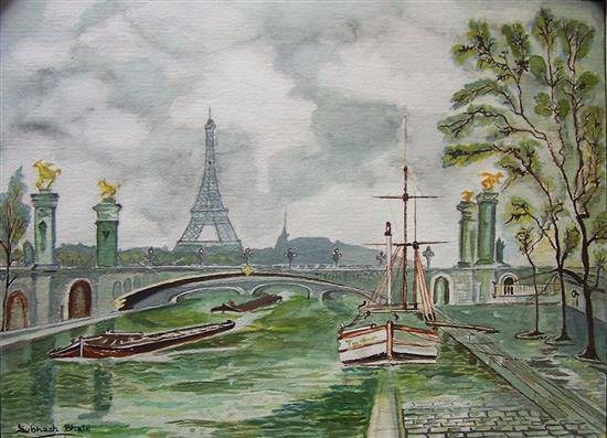 Seine River against Tower, painting by Subhash Bhate
