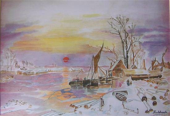 Barges on Frozen river, painting by Subhash Bhate